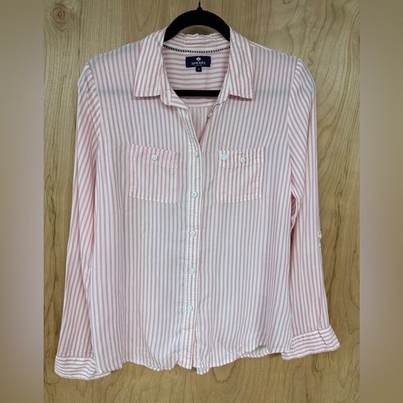 Sperry Tops - Sperry Light Pink White Stripes Roll Tab Sleeve Button Up Pockets Size Medium